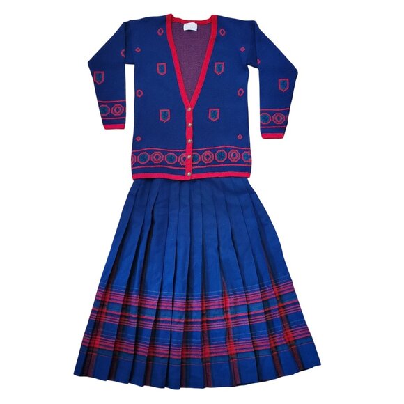 Pendleton Sweaters - Pendleton Virgin Wool Knitted Cardigan Pleated Skirt Set S 6 Blue Red